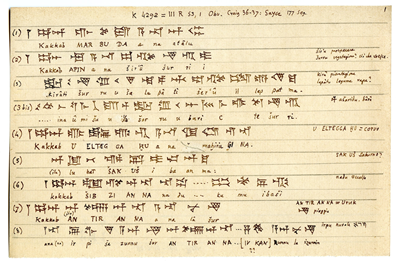 Figura 27: Manoscritto di Schiaparelli con la trascrizione del testo in caratteri cuneiformi di una tavoletta
assiro-babilonese, nell'ambito dei suoi studi sull'astronomia antica.