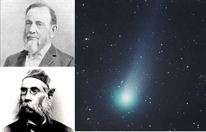 Fig. 2 - A destra la cometa Swift-Tuttle fotografata nel passaggio del 1992. A sinistra i due astronomi statunitensi che l'hanno scoperta nel 1862: in alto Lewis A. Swift in basso Horace Parnell Tuttle.