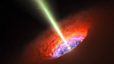 Fig. 4 - Figura artistica di come e' fatto un blazar. Della materia si avvicina al buco nero spiraleggiando in un disco. All'interno parte della materia, invece di cadere dentro, viene spinta fuori a velocita vicine alla velocita' della luce, formando due getti in direzioni opposte. Uno dei due getti ci punta contro. E' da questo getto che proviene il neutrino ultra-energetico visto da IceCube.