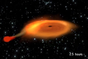 Fig. 1 - Immagine pittorica del sistema MAXI J1659-152 in cui una stella nana rossa orbita attorno ad un buco nero. Crediti ESA.
