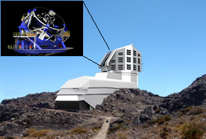 Fig. 4 -  Immagine artistica del telescopio LSST e della sua dislocazione in Cile. Crediti sito web di LSST