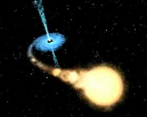 Fig. 1 - Imnmagine artistica del sistema binario GROJ1655-40 composto da una stella normale e da un buco nero di cui conosciamo la massa con maggior precisione. La massa stimata e` di 5.4 masse solari con un errore del 6%, una precisioone notevole in astronomia. Da Hubble Space Telescope.