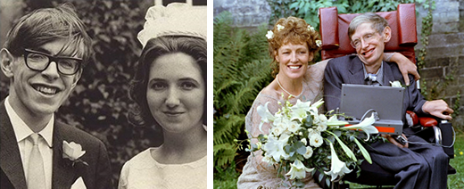 Fig. 2 - A sinistra: 14 luglio 1965 - Stephen sposa Jane Wilde. La coppia avra' tre figli - A destra: seconde nozze con la sua infermiera, Elain Mason, nel settembre 1995. Divorzieranno nel 2006.