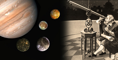 Fig. 2 - 'Non basta guardare, occorre guardare con occhi che vogliono vedere, che credono in quello che vedono' - A destra Galileo Galilei al cannocchiale, a sinistra Giove e i quattro satelliti medicei o galileiani in un fotomontaggio. Dall'alto: Io, Europa, Ganimede e Callisto.