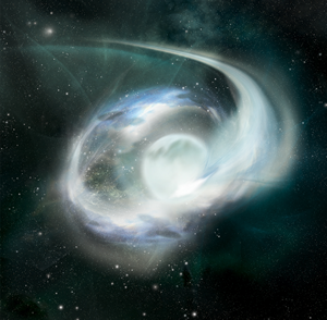 Fig. 1 - Immagine artistica della struttura a disco che si sta formando attorno ad una stella di neutroni causata dalla distruzione di un asteroide - Crediti: A. Simonnet, NASA, E/PO, Sonoma State University.