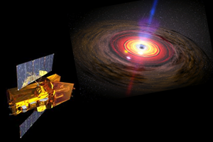 Fig. 2 - Immagine artistica del satellite SWIFT e di una stella di neutroni con disco di accrescimento