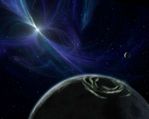 Fig. 4 - Rappresentazione artistica del sistema orbitante attorno alla pulsar al millisecondo PSR B1257+12. Da Wikipedia.