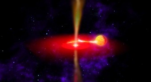 Fig. 1 -  Visione artistica di un sistema composto da un buco nero che strappa il gas della stella compagna. Questo gas spiraleggiando crea un disco di materia attorno ad esso. Parte di cio' che precipita verso il buco nero viene poi accelerata a velocita' prossime a quella della luce nei due getti visibili. (Crediti NASA)  