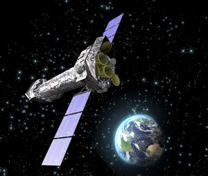 Fig. 2 - Immagine artistica del satellite XMM-Newton lanciato il 10 dicembre del 1999. Il satellite e' ancora perfettamente funzionante. Crediti C. Carreau e ESA. 