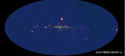 Fig. 1 - Immagine nella banda X dell'intero cielo ottenuta in diversi anni di osservazione con lo strumento MAXI a bordo della Stazione Spaziale Internazionale (Matsuoka et
al. 2009). L'immagine mostra dozzine di sorgenti X posizionate nel piano della nostra galassia, luogo ideale per lo studio della polvere poiche` la maggior parte di essa risiede proprio lungo il piano. Ma come la polvere interagisce con i raggi X emessi da una sorgente lontana? Crediti https://cxc.harvard.edu/newsletters/news_23/HeinzCorrales.pdf by Sebastian Heinz e Lia Corrales.