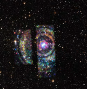 Fig. 3 - Immagine nella banda X della sorgente Circinus X-1 (stella di neutroni) catturata nel 2014 del satellite Chandra. L'immagine mostra 4 anelli centrati sulla stella di neutroni (in blu) e sul resto di supernova (in rosso). Le variazioni in luminosita' e colore in ogni anello hanno permesso di individuare la nube responsabile con una nube di monossido di carbonio. Crediti https://cxc.harvard.edu/newsletters/news_23/HeinzCorrales.pdf by Sebastian Heinz e Lia Corrales.