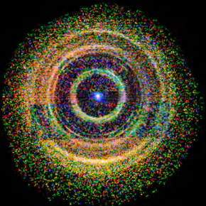 Fig. 4 - Nell'immagine gli 8 anelli registrati nel 2015 dalla sorgente V404 Cyg e ottenuti combinando immagini dei due satelliti Chandra e Swift. La distanza della sorgente, conosciuta in modo molto accurato (7200 anni luce), ha permesso la misura delle distanze delle 8 nubi responsabili degli anelli osservati. Crediti https://cxc.harvard.edu/newsletters/news_23/HeinzCorrales.pdf by Sebastian Heinz e Lia Corrales.