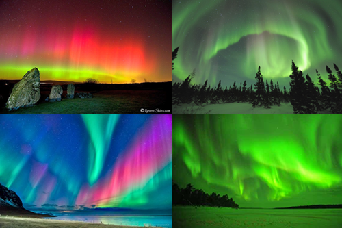 Fig. 1 - Rari esempi di aurora di diversi colori.