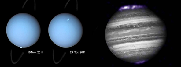 Fig. 4 - Le aurore osservate su Urano (a sinistra) e su Giove (a destra).
