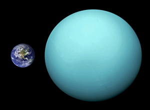 Fig. 3 - Immagine artistica dove si confrontano le dimensioni della Terra rispetto a quelle di Urano. Crediti: Wikipedia.