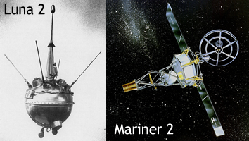 Fig. 1 - A sinistra la sonda Luna 2 che fu la seconda sonda spaziale lanciata dall'URSS verso la Luna e la prima a raggiungere la Luna su cui impatto' a ovest del Mare della Serenita' il 14 settembre del 1959. Crediti Wikipedia. A destra la sonda Mariner 2 che nel 1962 fu lanciata verso Venere a dicembre del 1962  e pass a 35.000 km da Venere il 14 dicembre 1962 diventando la prima sonda spaziale a condurre con successo un sorvolo ravvicinato di un pianeta. Crediti Wikipedia