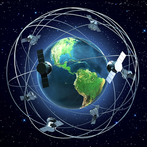 Fig. 3 - Immagine pittorica di satelliti attorno alla Terra che servono per la nostra navigazione sul nostro pianeta.