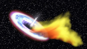 Fig. 1 - Immagine pittorica del buco nero all'interno della galassia GSN 069 mentre accresce materia. Crediti INAF