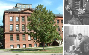 Fig. 3 - A sinistra l'Istituto di Harvard dove ebbe luogo l'esperimento di Pound e Rebka nel 1959, nella parte destra dell'edificio. A destra Pound (sopra) e Rebka (sotto) mentre lavorano al loro esperimento (e si parlano per telefono).