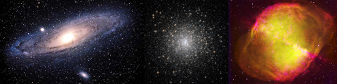 Fig. 2 -  Da sinistra: M31 o galassia di Andromeda, l'ammasso globulare M15 e la Nebulosa Manubrio o M27.