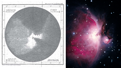 Fig. 4 - La nebulosa di Orione, o M42: a sinistra il disegno di Messier fatto nel 1771, a destra una imagine moderna. Nella costellazione omonima, la nebulosa di Orione e' la regione di formazione stellare piu' vicina alla Terra, a 1270 anni luce da noi. 
