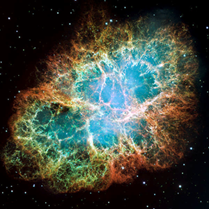 Fig. 5 - La nebulosa del Granchio o M1, la prima sorgente del catalogo di Messier. E' il resto dello scoppio di una supernova avvenuto nel 1054, documentato da astronomi cinesi. Il gas tuttora si espande alla velocita' di circa 1500 km al secondo, e la sua estensione e' di circa 5,5 anni luce.

