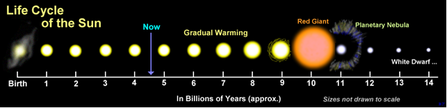 Fig. 2 - L'evoluzione del nostro Sole. Fra circa 5 miliardi di anni il Sole diventera' una gigante rossa, e probabilmente espellera' parte del suo inviluppo per formare una nebulosa planetaria. Il suo nucleo diventera' una nana bianca, che piano piano si tramutera' in una nana bruna, per poi spegnersi del tutto e diventare una nana nera.