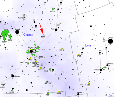 Fig. 2 - La mappa mostra la posizione di KIC 8462852, o stella di Tabby, nella costellazione del Cigno, come indicato dalla freccia.