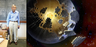 Fig. 3 - A sinistra il fisico inglese e nauralizzato americano Freeman Dyson (1923-), inventore della sfera che porta il suo nome. A destra una rappresentazione pittorica di una sfera di Dyson in costruzione.