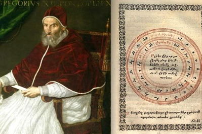 Fig. 3 - Gregorio XIII (ritratto da Lavinia Fontana) e il Calendario Gregoriano (in un'edizione del 1584), da lui istituito il 4 ottobre 1582.