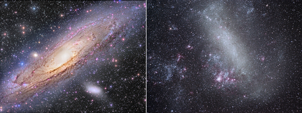 A sinistra: la galassia di Andromeda. A destra: la Grande nube di Magellano. Sono due delle galassie piu' vicine a noi. Insieme alla nostra, e ad altre minori, formano un gruppo noto come Sistema Locale.