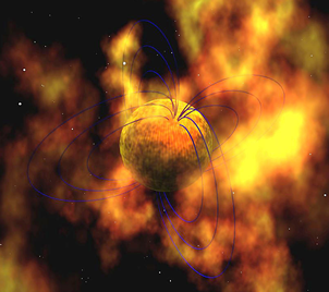 Fig. 2 - Immagine artistica di un SGR o magnetar. Gli astronomi pensano che le sorgenti SGR o magnetar siano delle stelle di neutroni isolate dotate di un fortissimo campo magnetico. Credit:NASA/Goddard Space Flight Center Conceptual Image Lab.