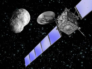 Fig. 2 -  Immagine artistica della missione Rosetta e della cometa 67P/Churyumov–Gerasimenko.