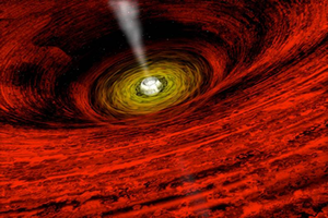 Fig. 4 - L'accrescimento di materia sui buchi neri supermassicci, responsabile di circa meta' della radiazione cosmica in infrarosso, e ottico, e della quasi totalita' della radiazione nei raggi X.