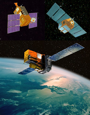 Fig. 2 - Immagine artistica delle tre missioni Rossi XTE lanciato il 30 dicembre 1995 (in alto a sinistra), BeppoSAX lanciato il 30 aprile 1996 (in alto a destra) e INTEGRAL lanciato il 17 ottobre 2002 (in basso al centro).