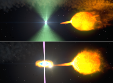 Fig. 3 - In questa immagine artistica si mostra la fase di pulsar radio (sopra) e la fase di accrescimento (sotto) in cui scompare il meccanismo di pulsar. In genere l'emissione radio soffia via il gas che arriva dalla compagna fino a che si crea il disco di accrescimento che oscura l'emissione radio. Credit: NASA's Goddard Space Flight Center