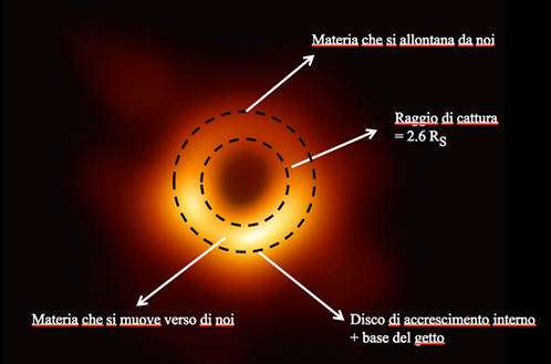 Fig. 5 - Ecco a cosa corrisponde la foto del buco nero di M87. La macchia nera centrale corrisponde al raggio di cattura della luce. La parte piu' luminosa in basso corrisponde a materia in moto verso di noi, la parte meno luminosa dellanello corrisponde a materia che si allontana.