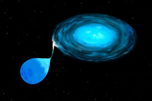 Fig. 1 - Rappresentazione pittorica di un sistema binario formato da una pulsar (stella di neutroni) e da una stella normale di piccola massa. In questo sistema la stella di neutroni strappa materia alla stella compagna formando un disco di accrescimento.