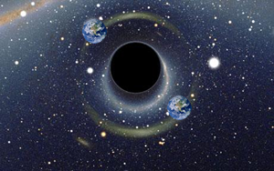Fig. 1 - Immagine artistica Sole-buco nero con la Terra che gli ruota attorno. 