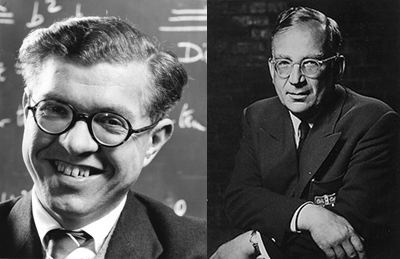 Fig. 3 - A sinistra: Fred Hoyle, grandissimo astrofisico, padre nobile della teoria dello Stato Stazionario. A destra: George Gamow, inventore e alfiere della teoria del Big Bang.