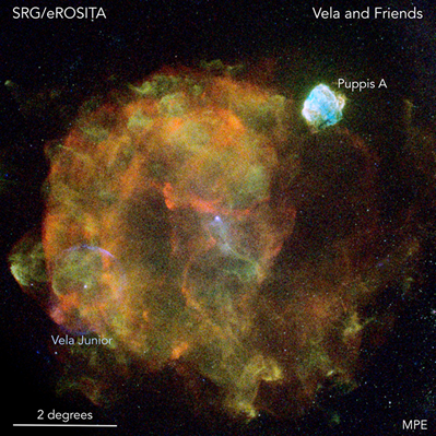 Fig. 7 - Alla distanza di soli 800 anni luce, Vela, un resto di supernova, appare in tutto il suo splendore anche 12.000 anno dopo lo scoppio. Al centro si vede la pulsar della Vela, la stella di neutroni originata dal collasso nucleo della stella progenitrice. L'emissione azzurra e brillante e' Puppis-A, un altro resto di supernova.
Credito: Peter Predehl, Werner Becker (MPE), Davide Mella.