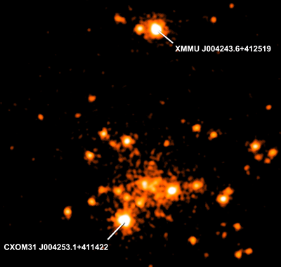 Fig. 3 - La sorgente XMM J004243.6+412519 scoperta a gennaio del 2012 dal telescopio spaziale per raggi X XMM-Newton lanciato dall'ESA il 10 dicembre 1999 e tuttora in orbita e operante. 