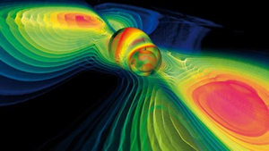 Fig. 1 - Immagine artistica delle onde gravitazionali generate nella fusione di due buchi neri.