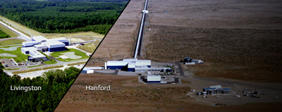 Fig. 7 - I due osservatori di onde gravitazionali gestiti da LIGO: l'osservatorio di Livingston (a destra) e l'osservatorio di Hanford (a sinistra) entrambi ospitano un interferometro di Michelson che consiste in un gigantesco tunnel vuoto a forma di L, lungo 4 km per lato, alle cui estremita' si trovano degli specchi sospesi. Il raggio laser nell'interferometro puo' rilevare le piccolissime deformazioni dello spaziotempo causate dalle onde gravitazionali.