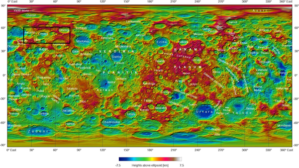 Fig. 2 - Mappa di Cerere, realizzata con immagini prese dalla missione Dawn della Nasa, mostra tutta la superficie del pianeta nano. La regione di Ernutet - dove sono state trovate le tracce di composti organici e' evidenziata dal rettangolo nero in alto a destra. Crediti: NASA/JPL-Caltech/UCLA/MPS/DLR/IDA.