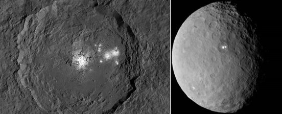 Fig. 4 - Ecco le macchie bianche ... Queste sono nel cratere Occator. Sappiamo che sono dovute a sali di Magnesio, gli stessi che prendiamo come lassativo ...