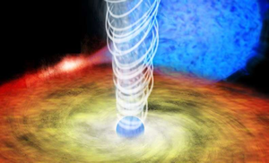 Fig. 1 - Immagine artistica di una stella di neutroni in un sistema binario in cui accresce materia a discapito della stella compagna e in cui si vede l'emissione ai poli.