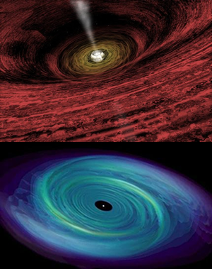 Fig. 1 - Due immagini pittoriche della materia che cade, spiraleggiando su orbite sempre piu' piccole, dentro al buco nero. 