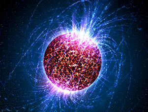Fig. 2 - Rappresentazione artistica di una stella di neutroni, con evidenziate le linee di campo magnetico. Crediti: Casey Reed / Penn State University.