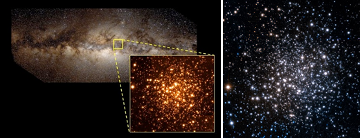 Fig. 3 - A sinistra: l'ammasso globulare Terzan 5 collocato al centro della nostra galassia. A destra: l'ammasso Terzan 5 visto dal VLT dell'ESO. Crediti ESO.